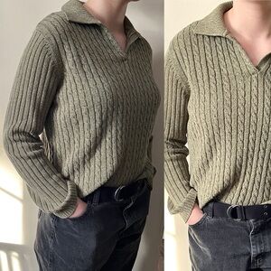 90s Earthy‎ Green Pullover Cotton Cable Knit Collared Sweater